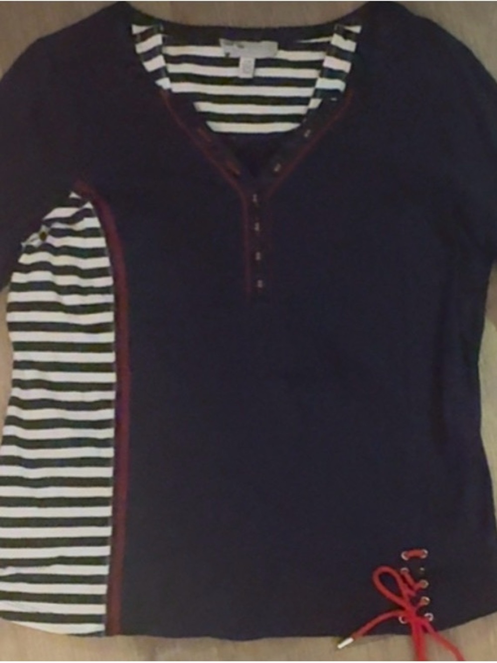 Lana Sport Color block Henley Top Navy Cinch Hem 3/4 Sleeve Sz L